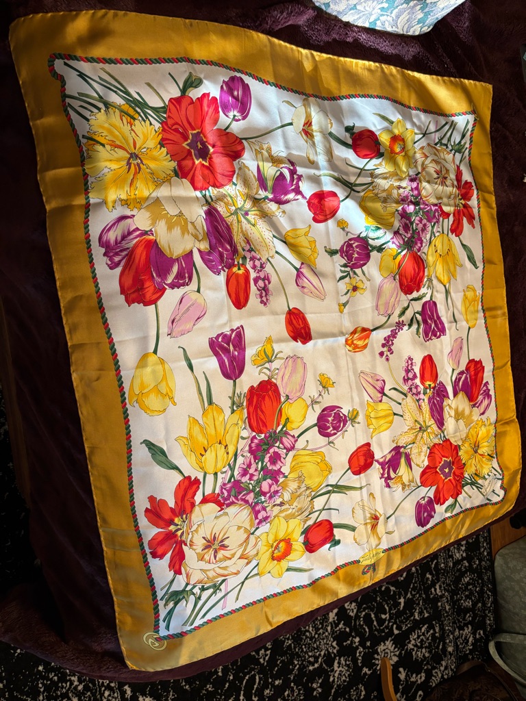 Vintage Gucci “Tulipano” Floral Silk Scarf With Mustard Yellow Border